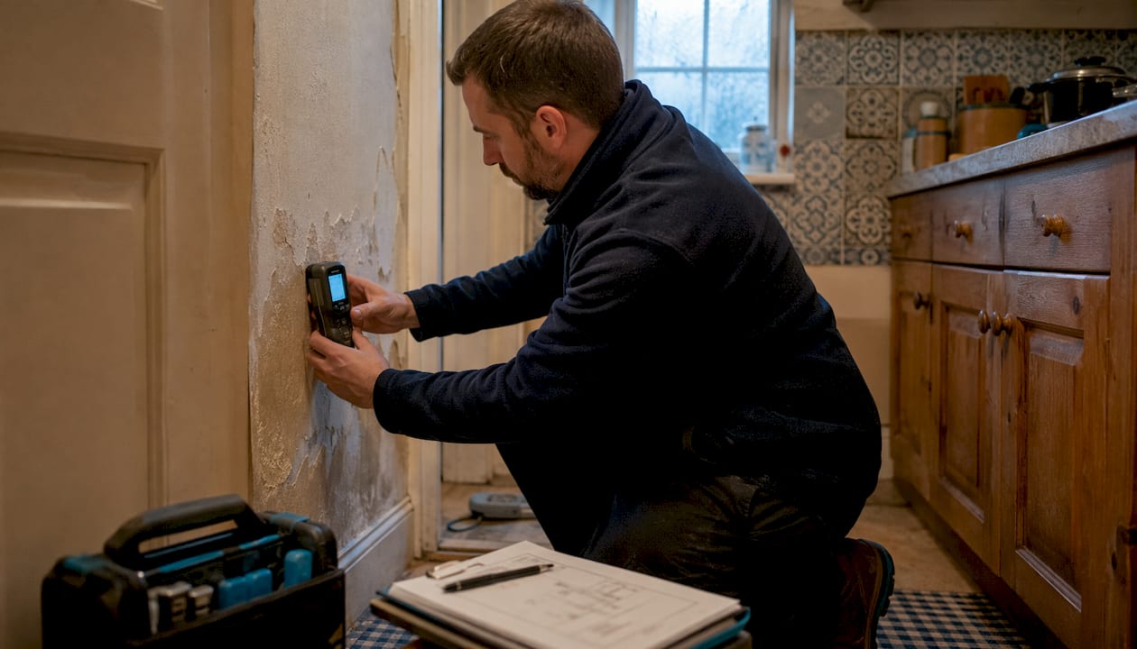 Inspector measuring damp levels inside living room