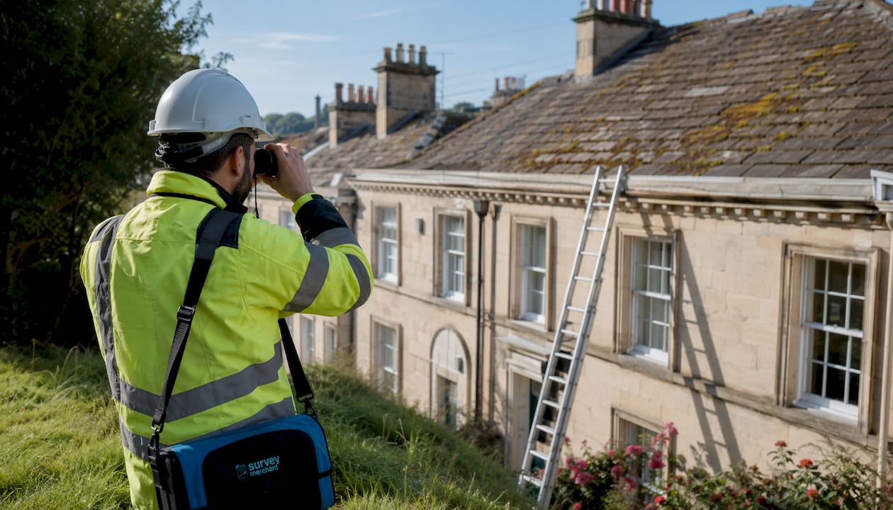 Surveyor inspecting roof defects from pavement