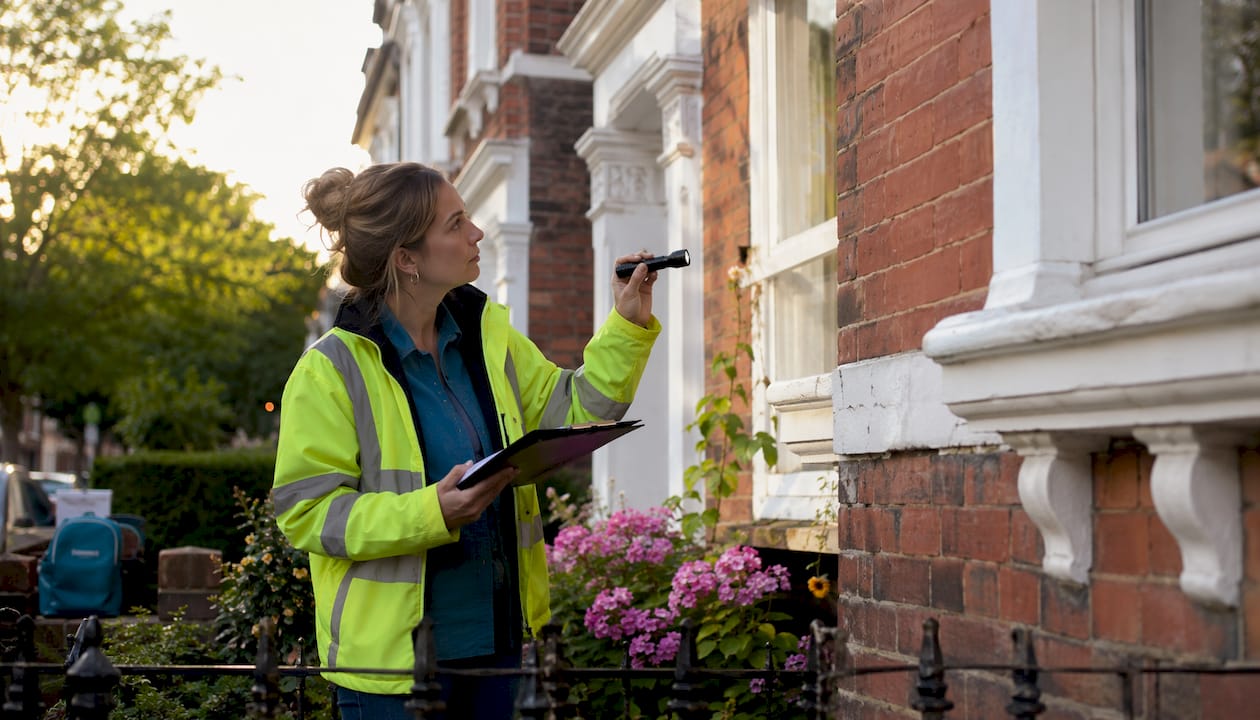 Female surveyor inspecting Victorian house interior