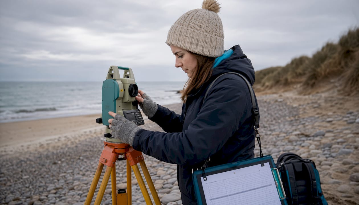 Surveyor adjusting total station in field