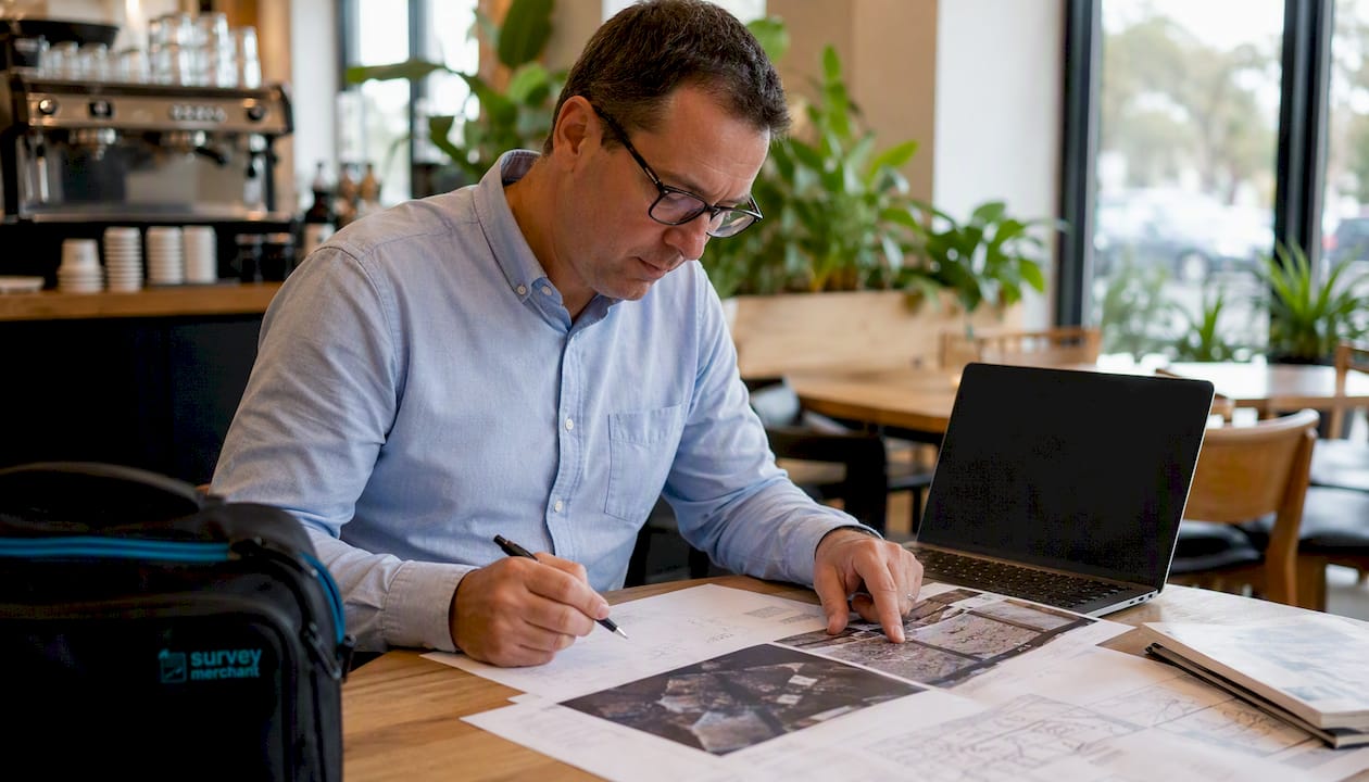 Surveyor reviewing annotated roof defect photos at desk