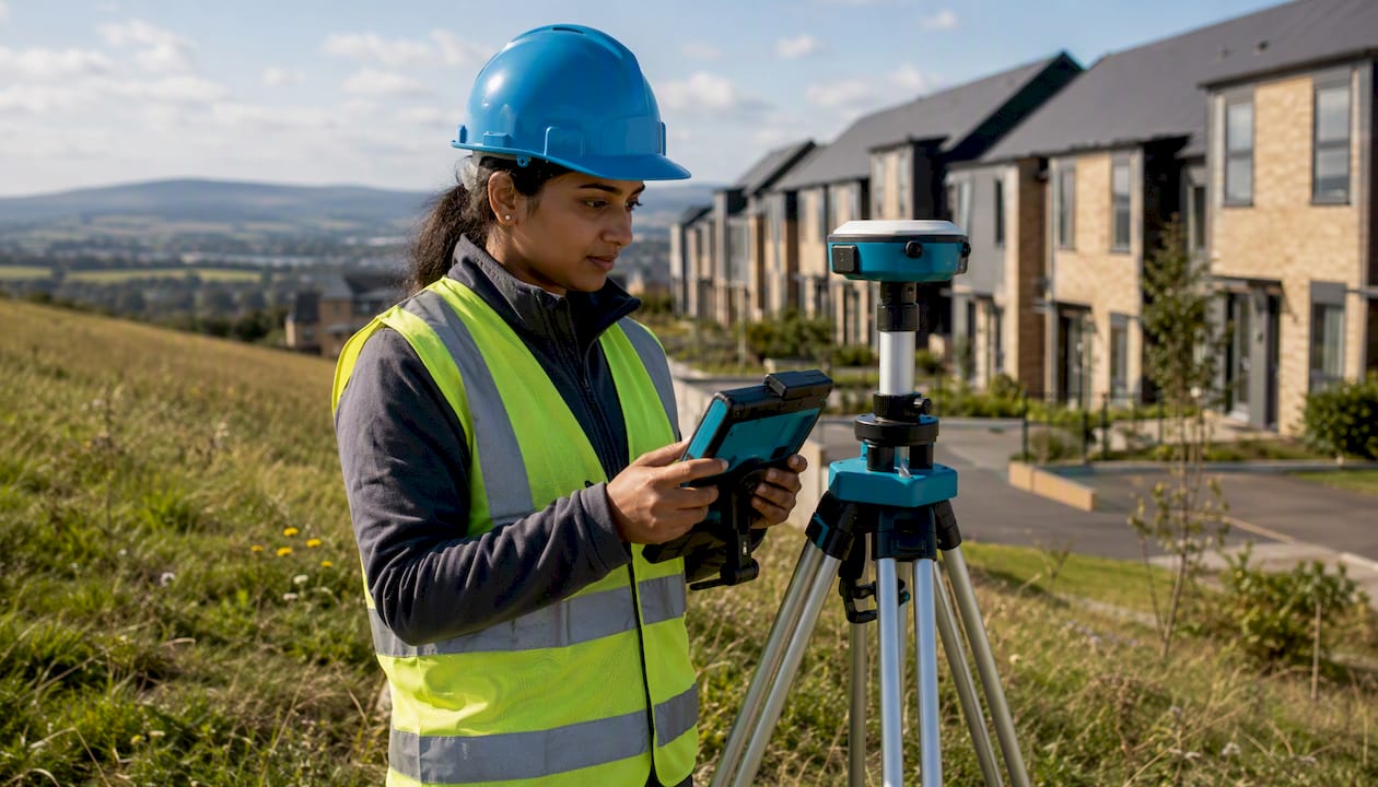 Surveyor conducting field pilot test with digital device