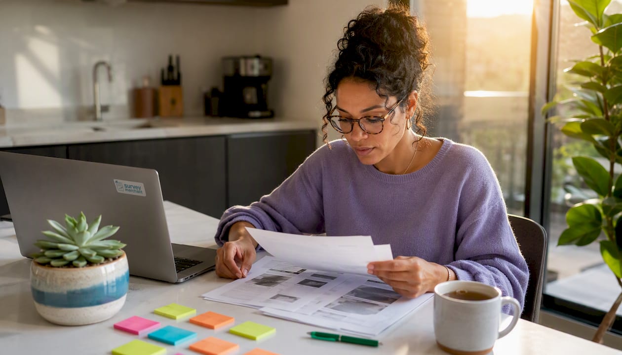 Woman studying building survey report at home desk