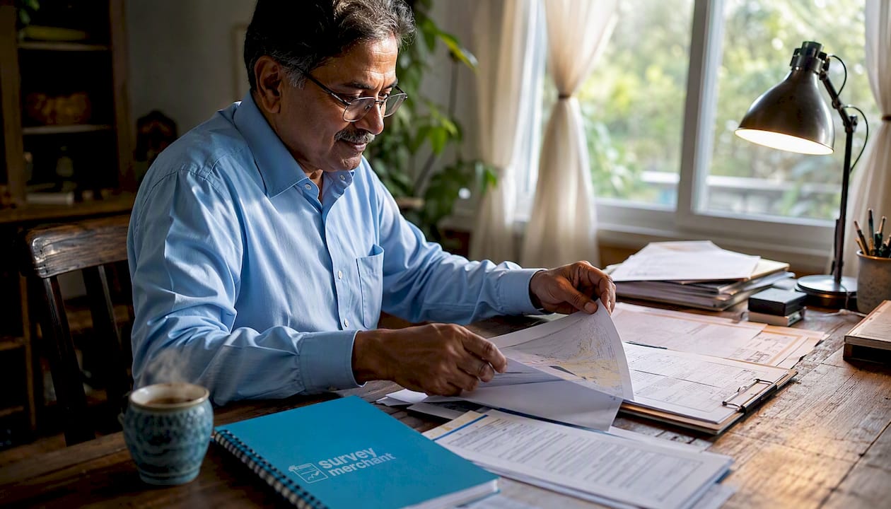 Hands organizing property survey documents