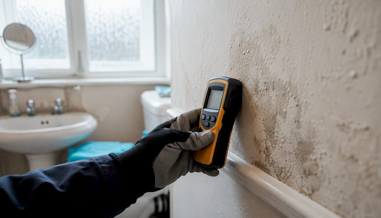 Surveyor measuring dampness on wall corner