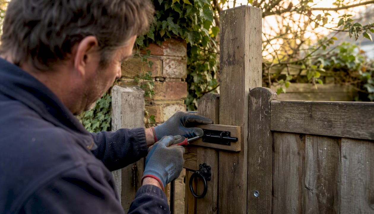 Hands fixing gate latch on garden fence