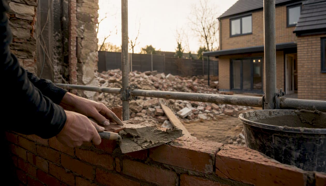 Hands building bricks at UK property reconstruction