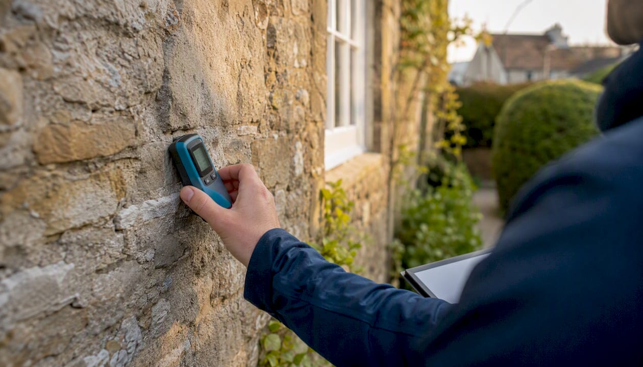 Hand with moisture meter on brick wall