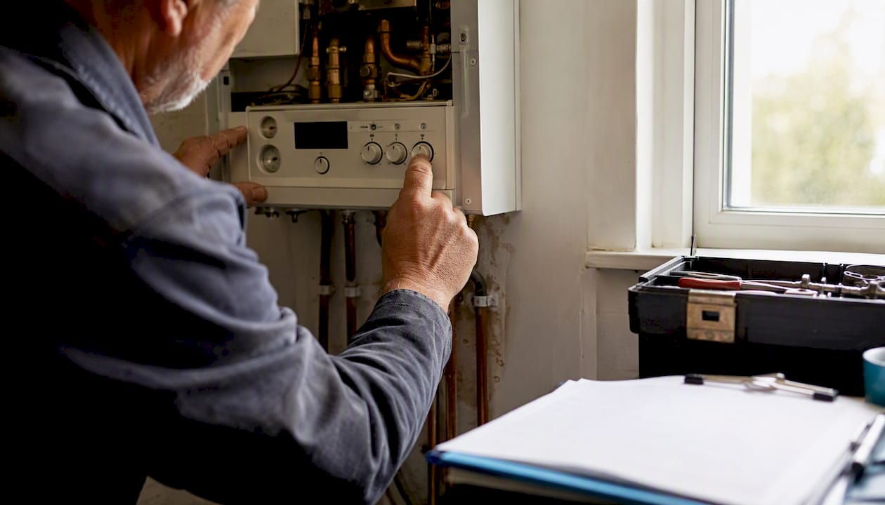 Surveyor inspecting boiler controls inside utility room