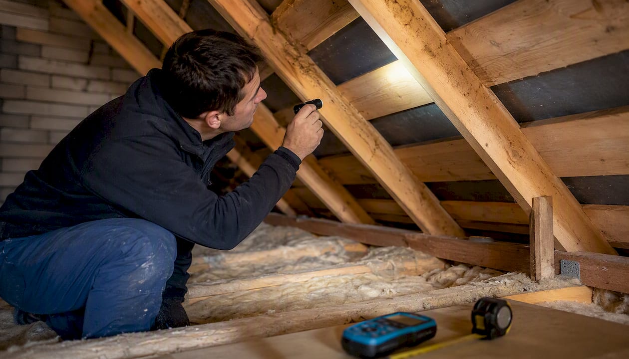 Loft inspection with flashlight and insulation check