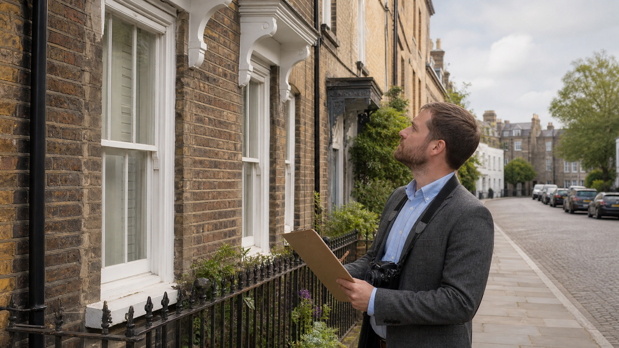 Accredited surveyor checking conservation area rules on a period brick house