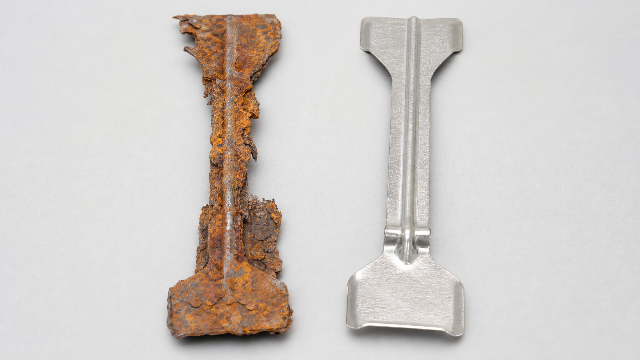 Corroded galvanised fishtail wall tie next to a new stainless steel cavity wall tie
