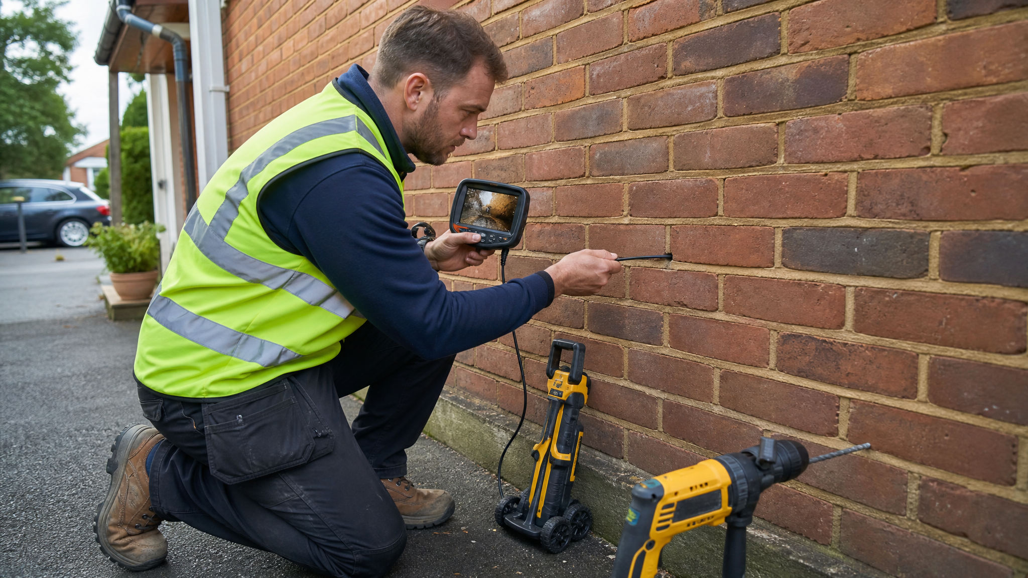 Surveyor carrying out a wall tie survey with a borescope camera through a mortar joint