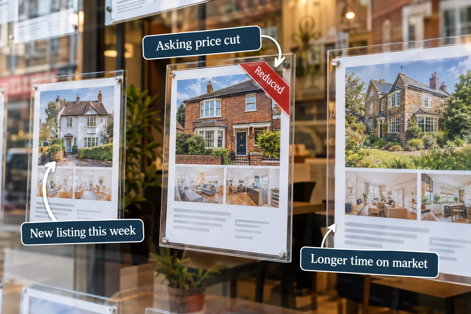 Estate agents window display with property listing cards, one visibly overlaid with a small red Reduced sticker