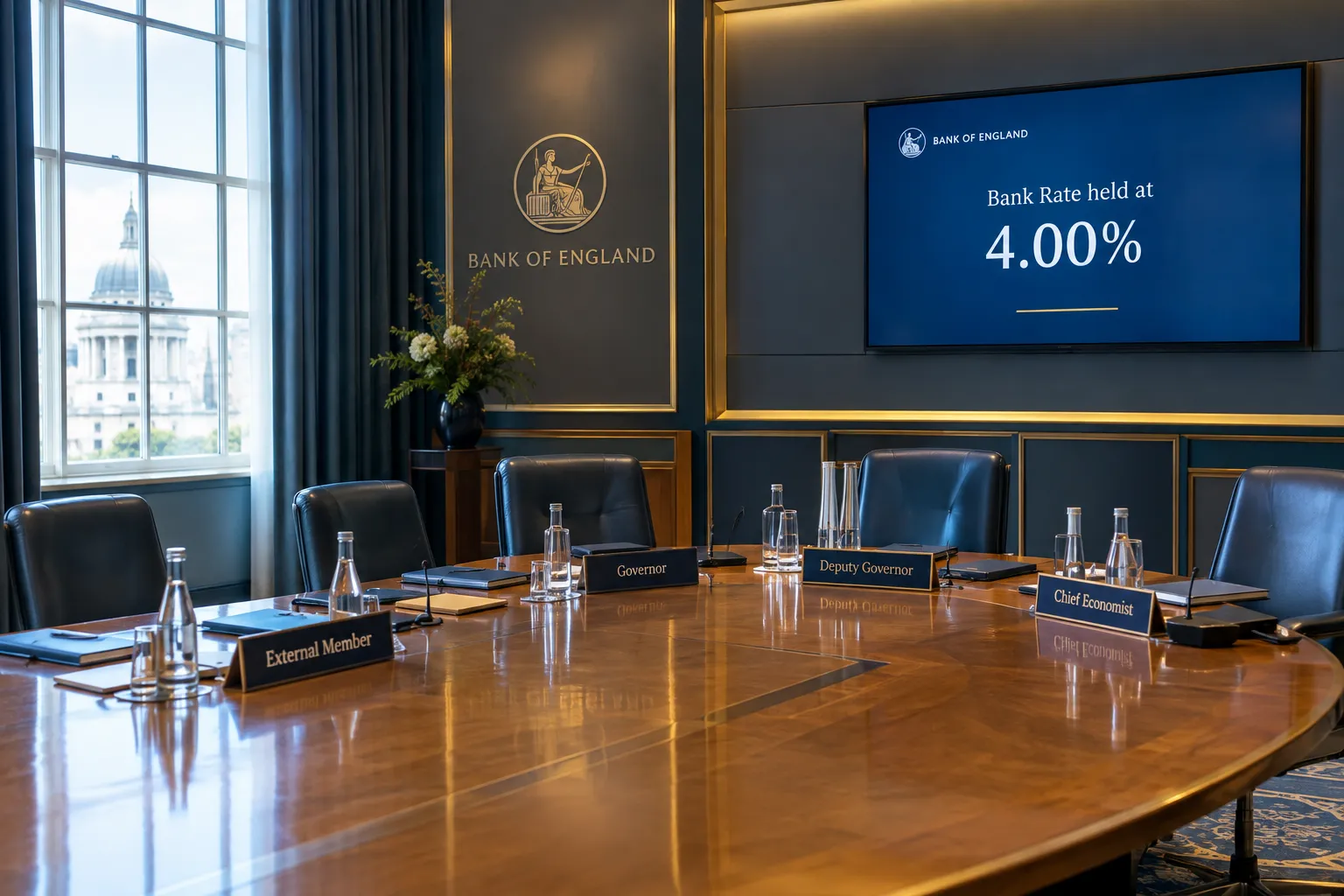 Bank of England Monetary Policy Committee room with Bank Rate held at 4% displayed
