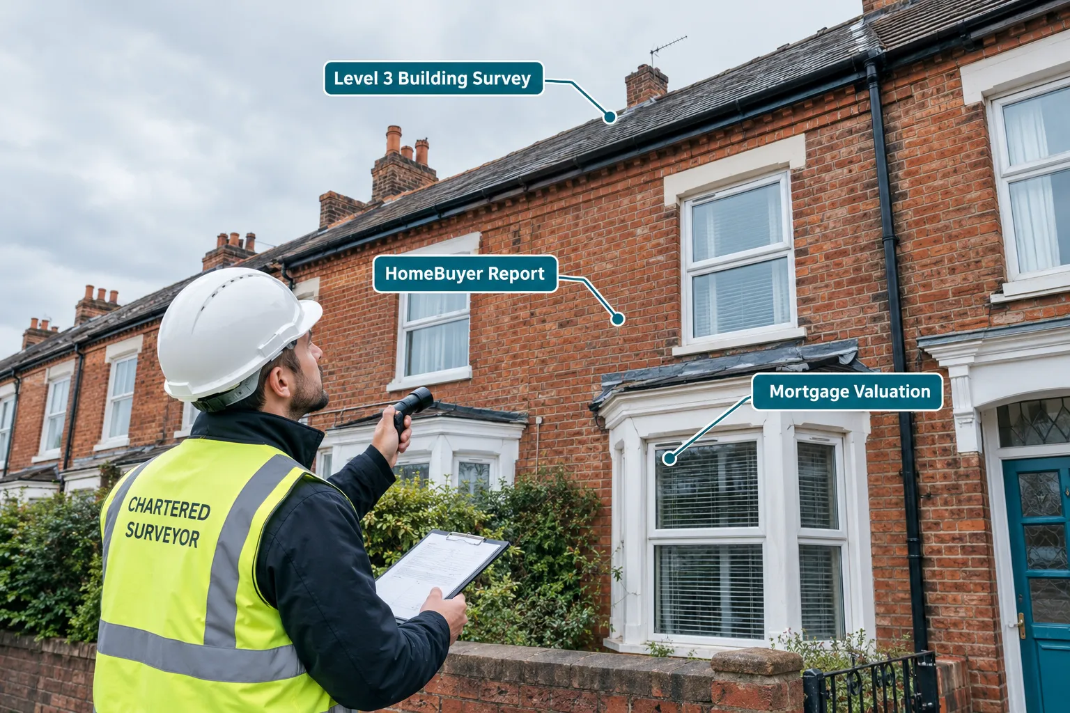 UK chartered surveyor inspecting a period brick terraced house for a Level 3 Building Survey