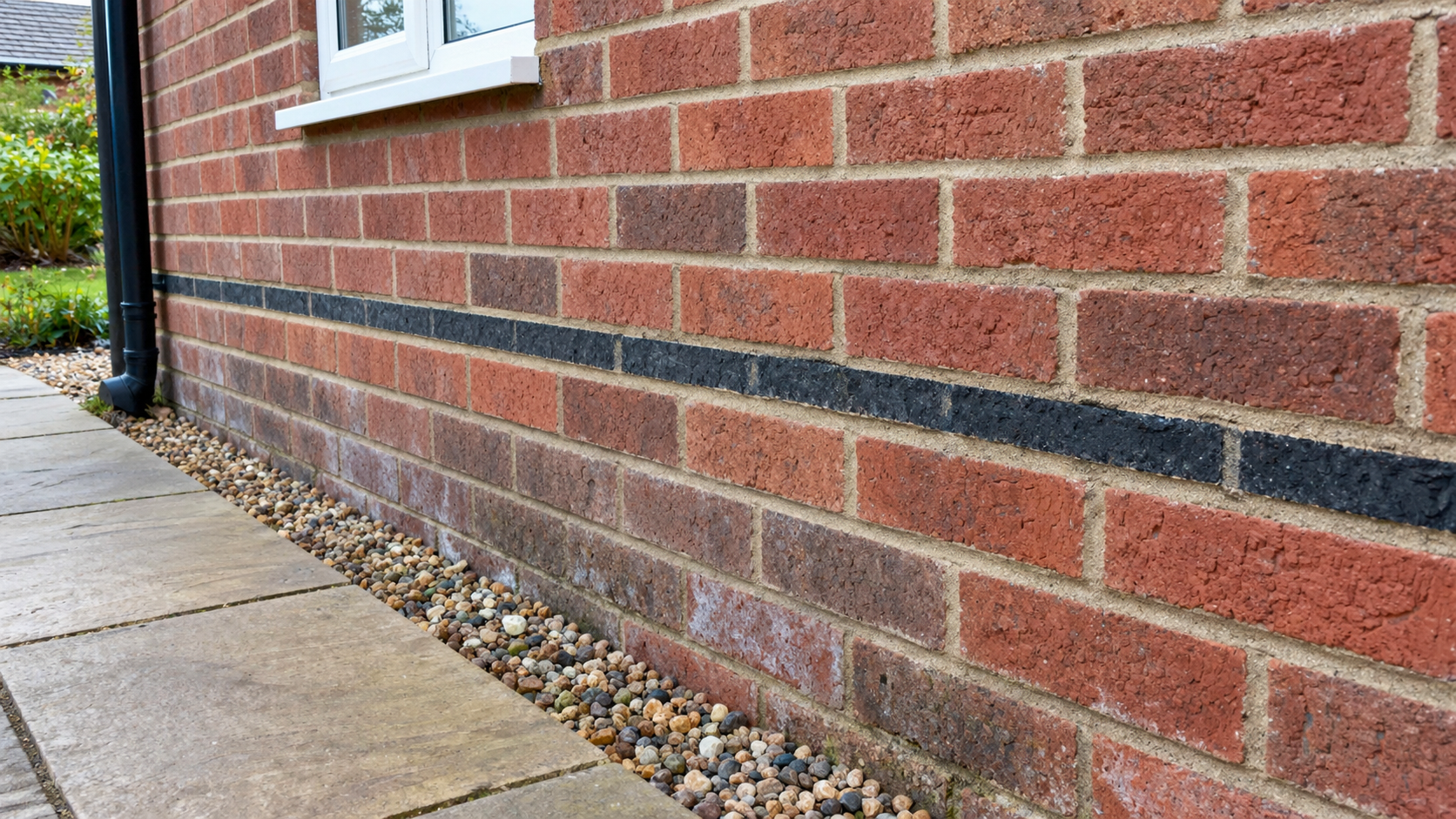 Damp proof course line in the brickwork at the base of a UK house wall with a gravel drainage strip