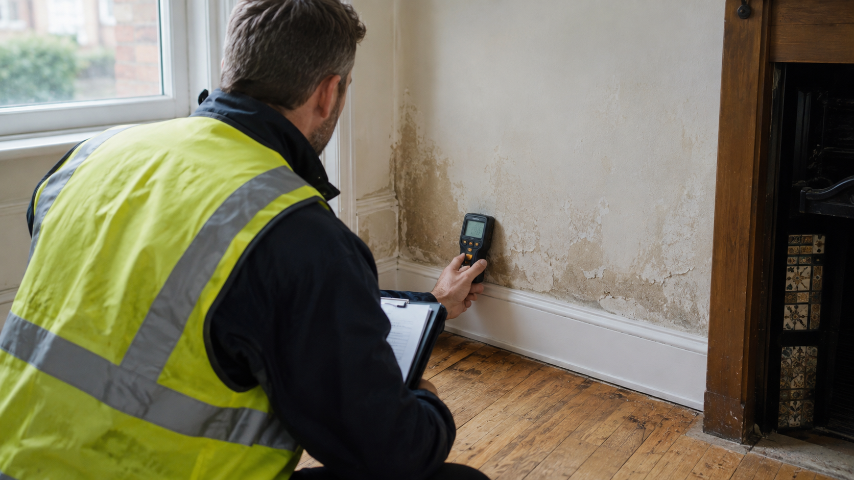 Surveyor using a moisture meter to diagnose rising damp on a ground-floor wall before recommending treatment