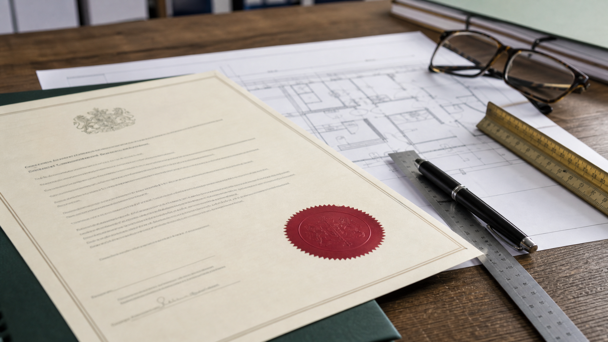 Lawful development certificate document on a planning desk beside a floor plan and scale ruler
