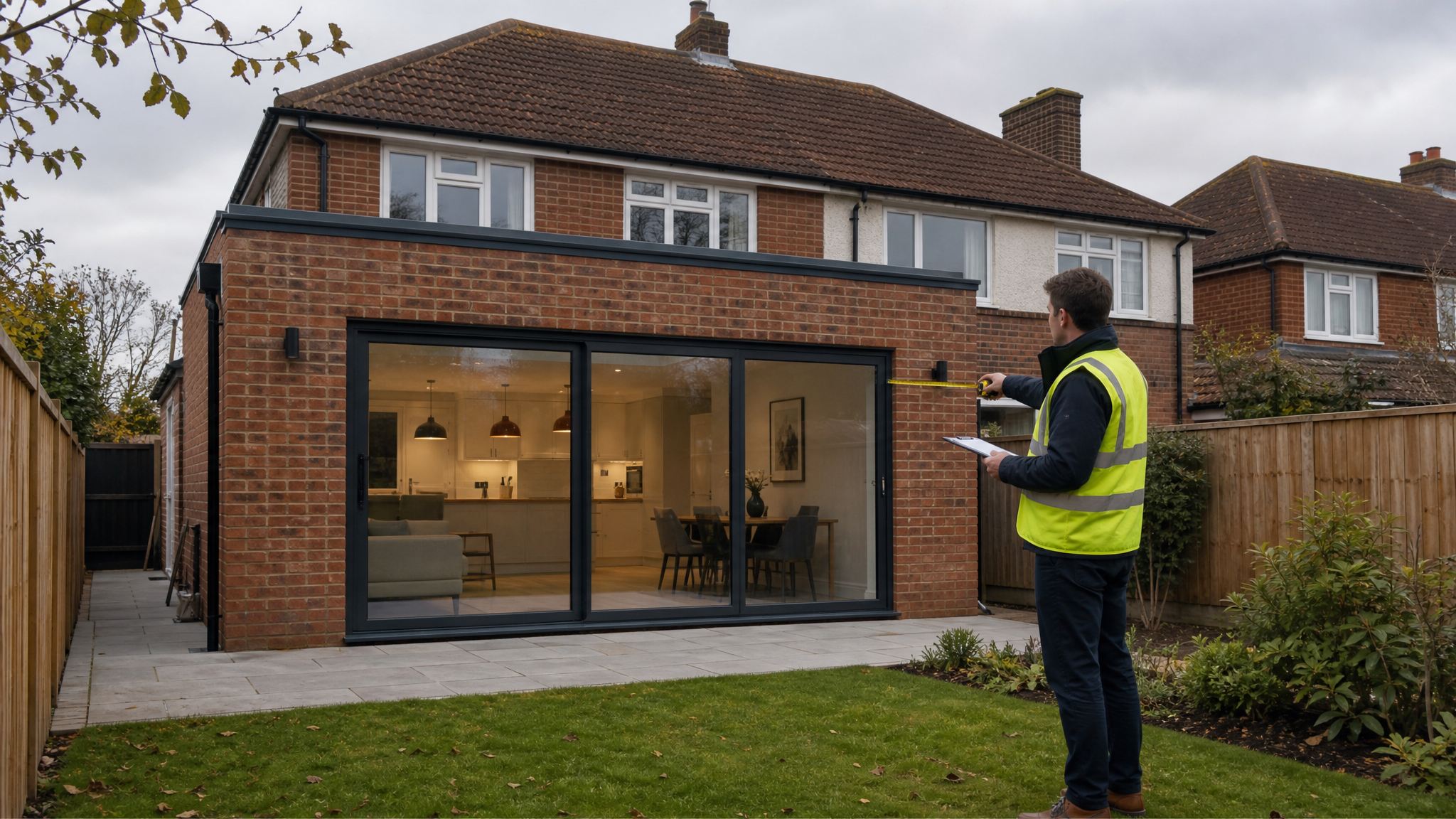 Surveyor measuring a completed rear extension to support a lawful development certificate application