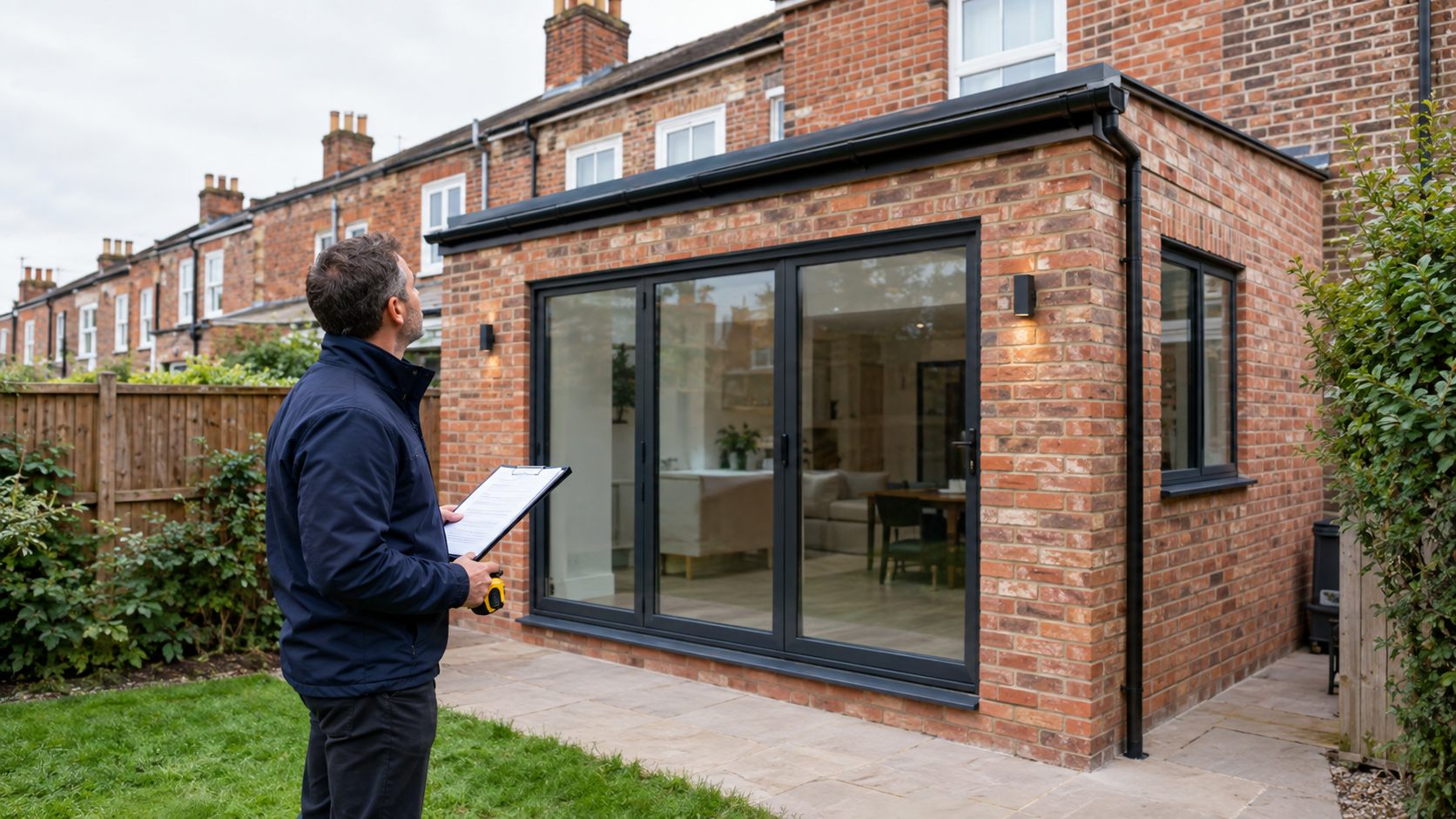 Surveyor inspecting a rear extension that needs retrospective planning permission