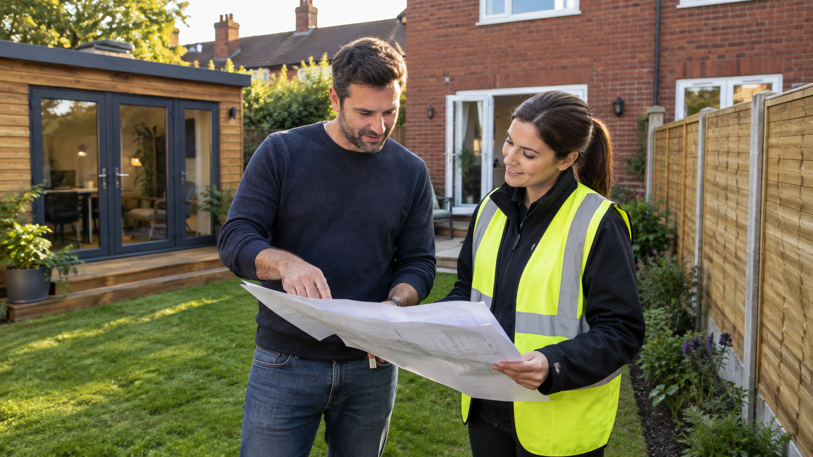 Homeowner and accredited surveyor reviewing plans beside a garden office and new fence
