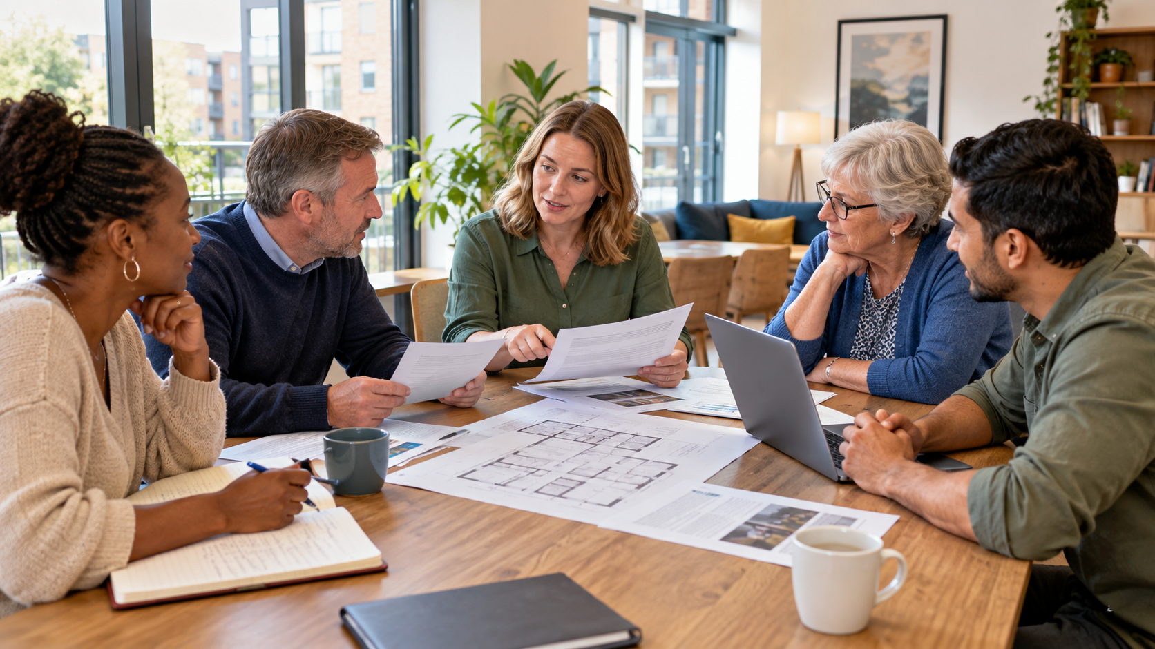 Leaseholders at an RTM company meeting reviewing claim notices and building plans