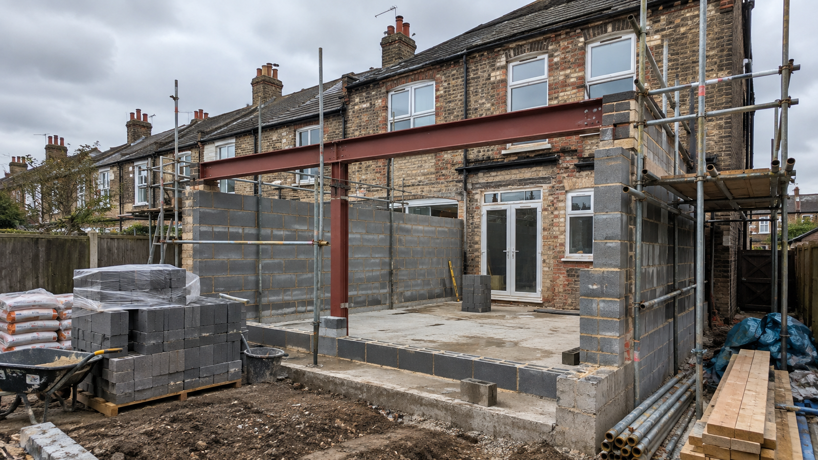 Rear house extension under construction with blockwork walls, scaffolding and a steel beam on a UK terraced house