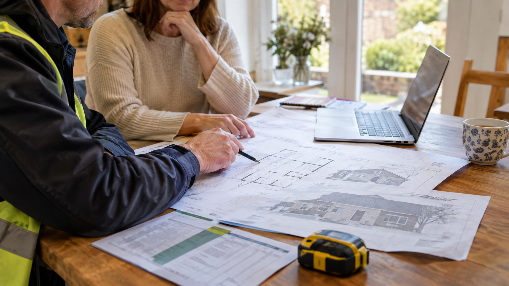 Accredited surveyor and homeowner reviewing house extension drawings and cost estimates