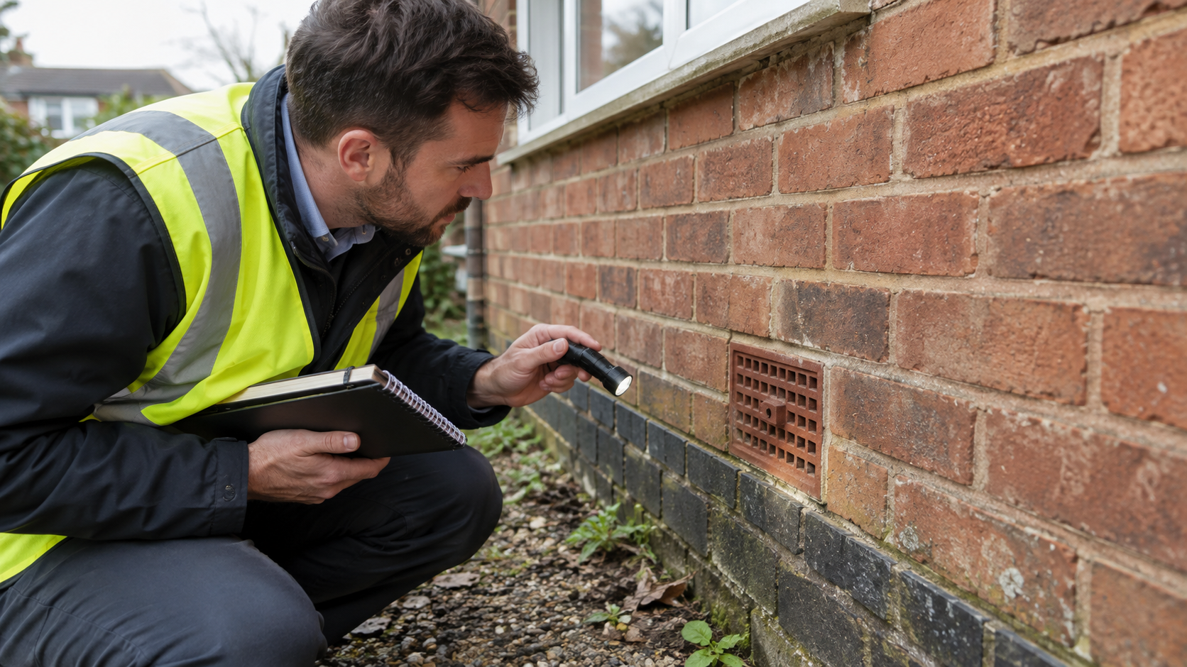 Chartered surveyor inspecting an external airbrick and damp-proof course on a UK house during a flood risk assessment