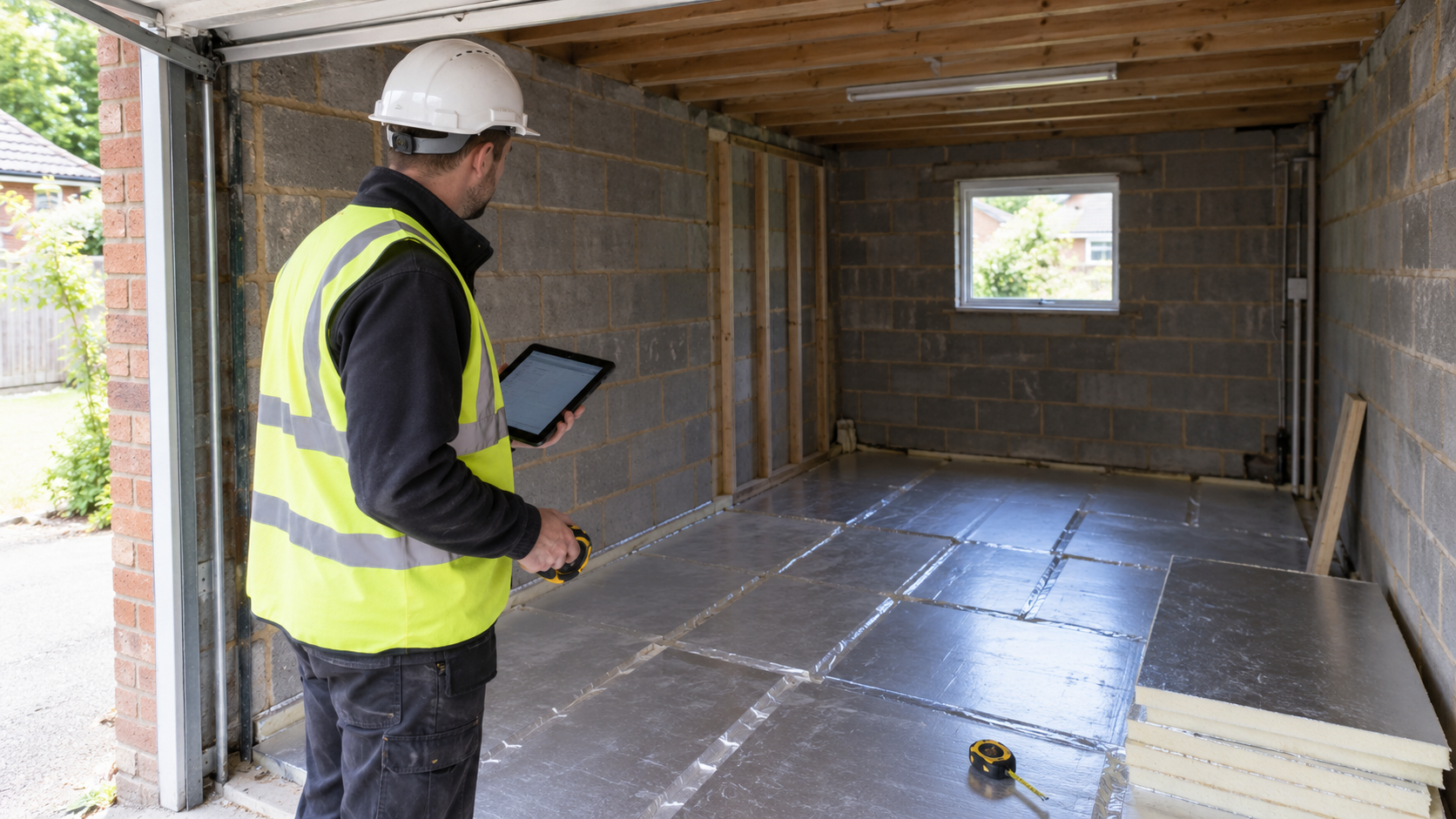 Building surveyor inspecting insulation and blockwork during a garage conversion in the UK