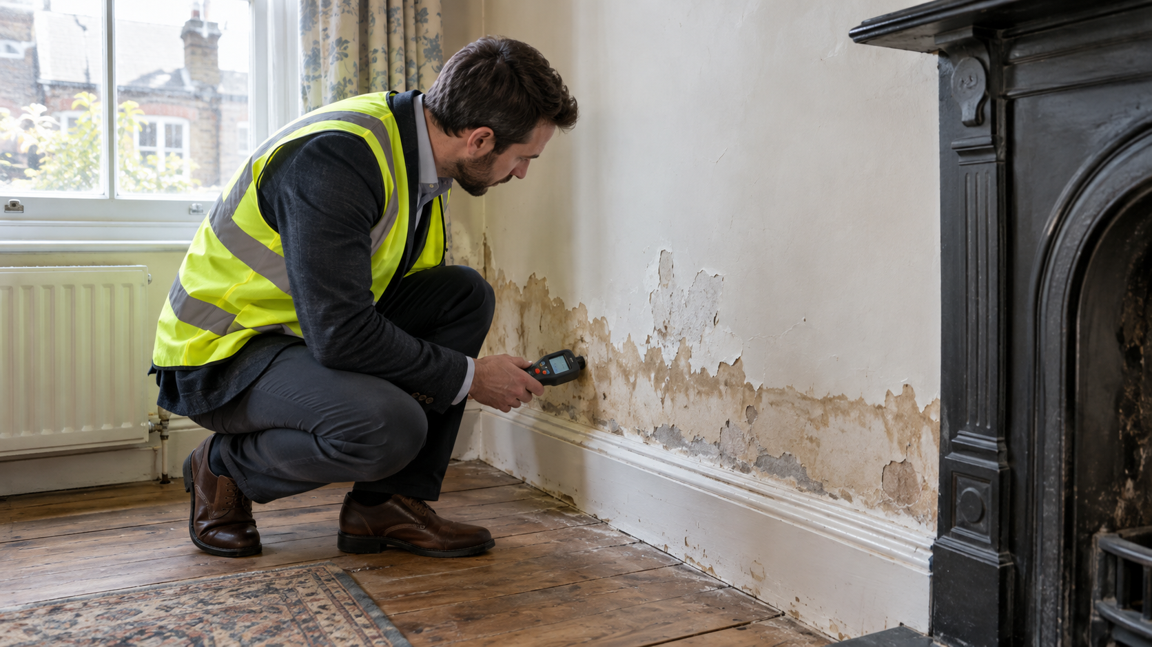 Surveyor inspecting a damp internal wall with a moisture meter during a damp proof course assessment