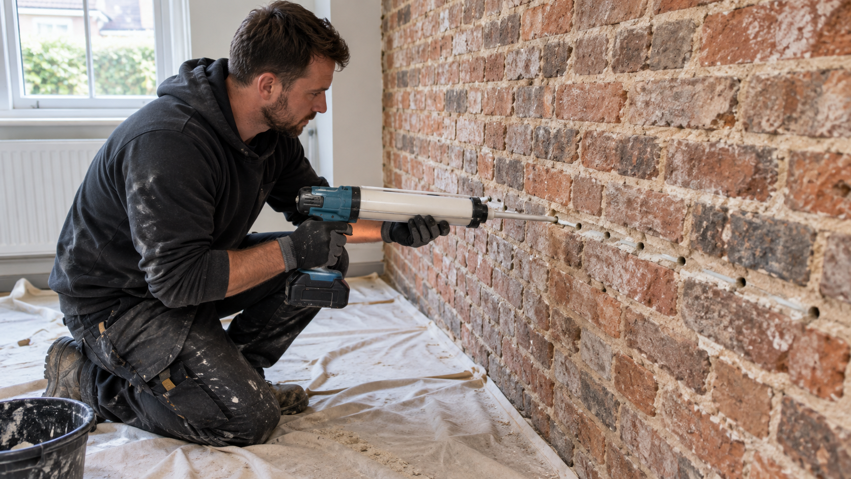 Chemical damp proof course being injected into drilled holes along a brick mortar joint