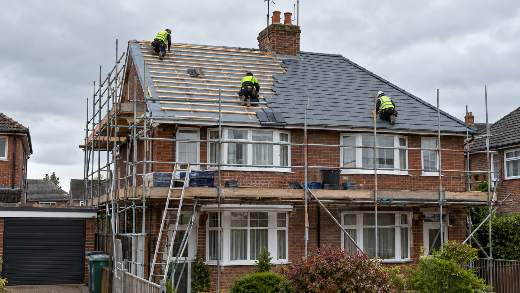 Roof replacement cost UK: a semi-detached house mid re-roof with new battens, membrane and tiles