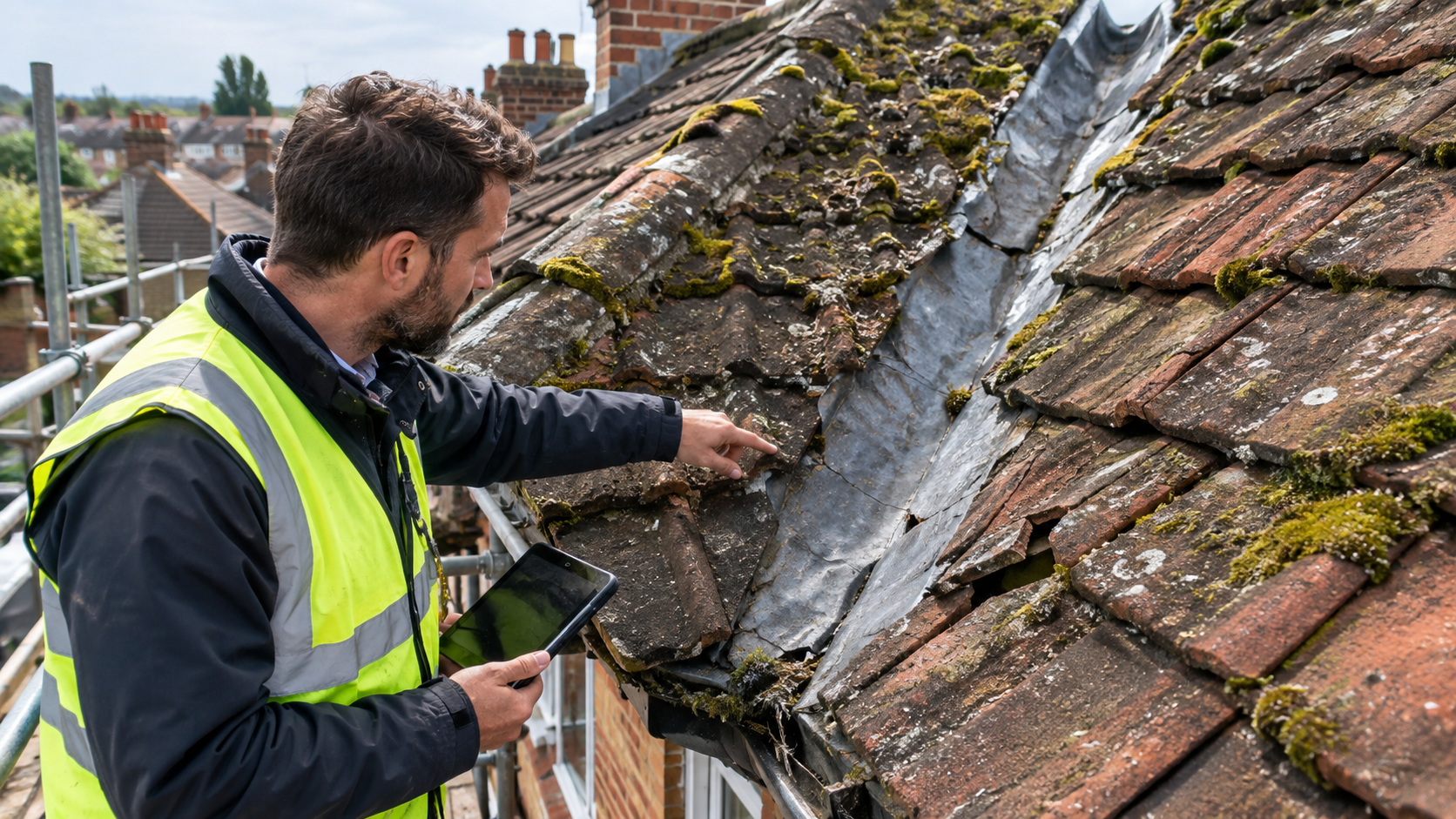 Building surveyor on scaffolding inspecting cracked clay roof tiles and a failing lead valley