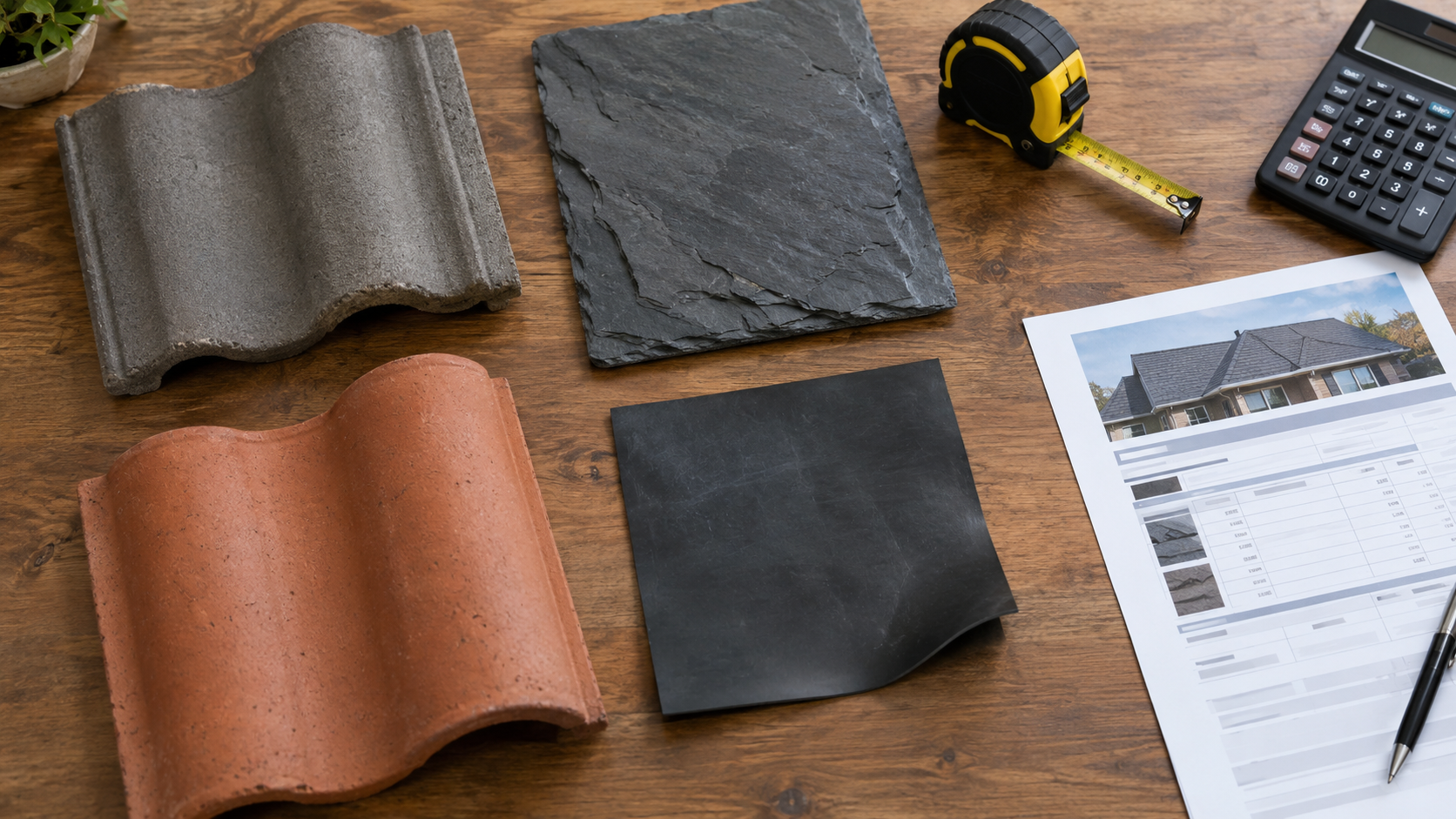 Roofing material samples: concrete tile, natural slate, clay tile and EPDM membrane beside a calculator and quote