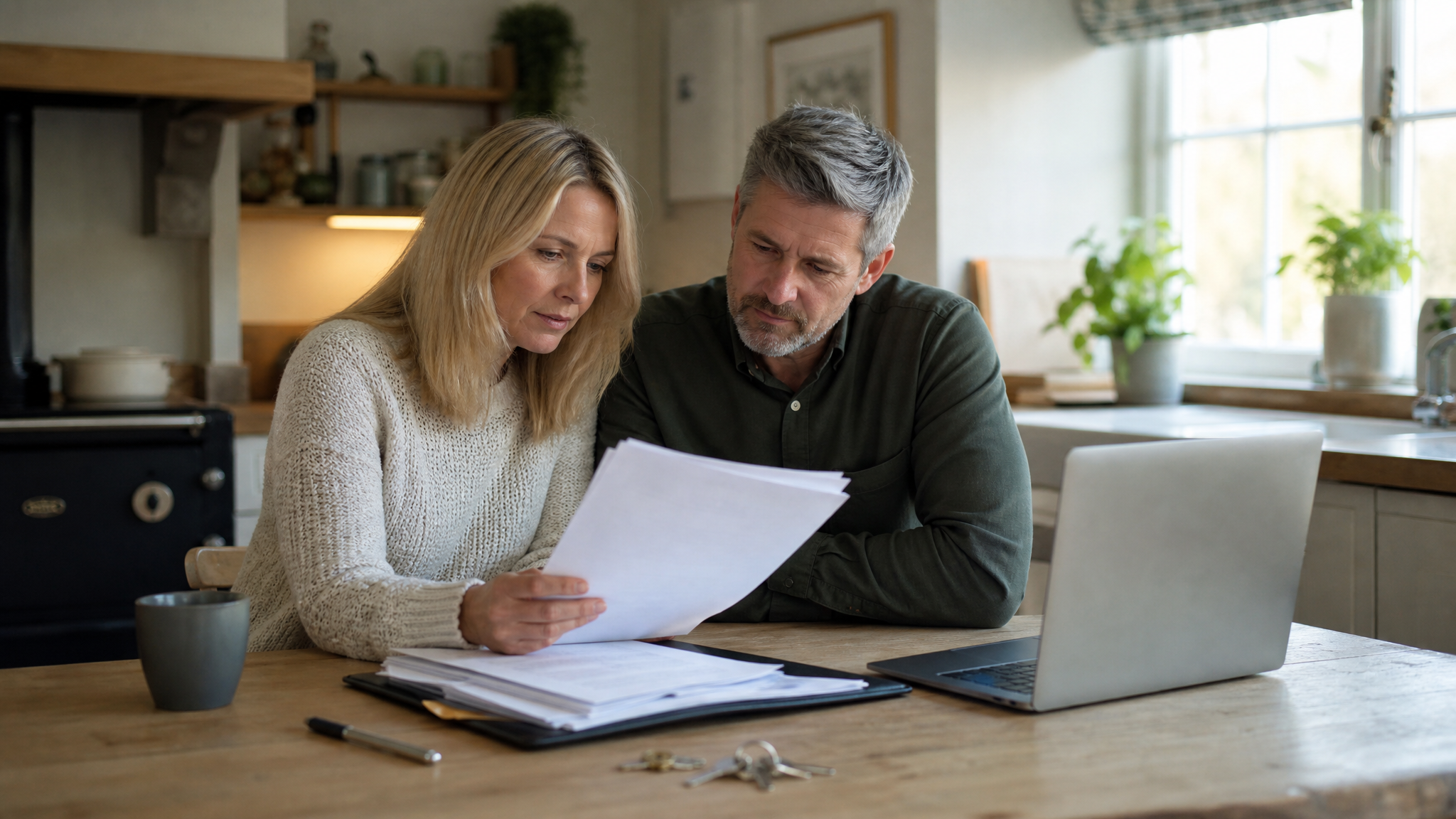 Couple reviewing property documents including a FENSA certificate at a kitchen table