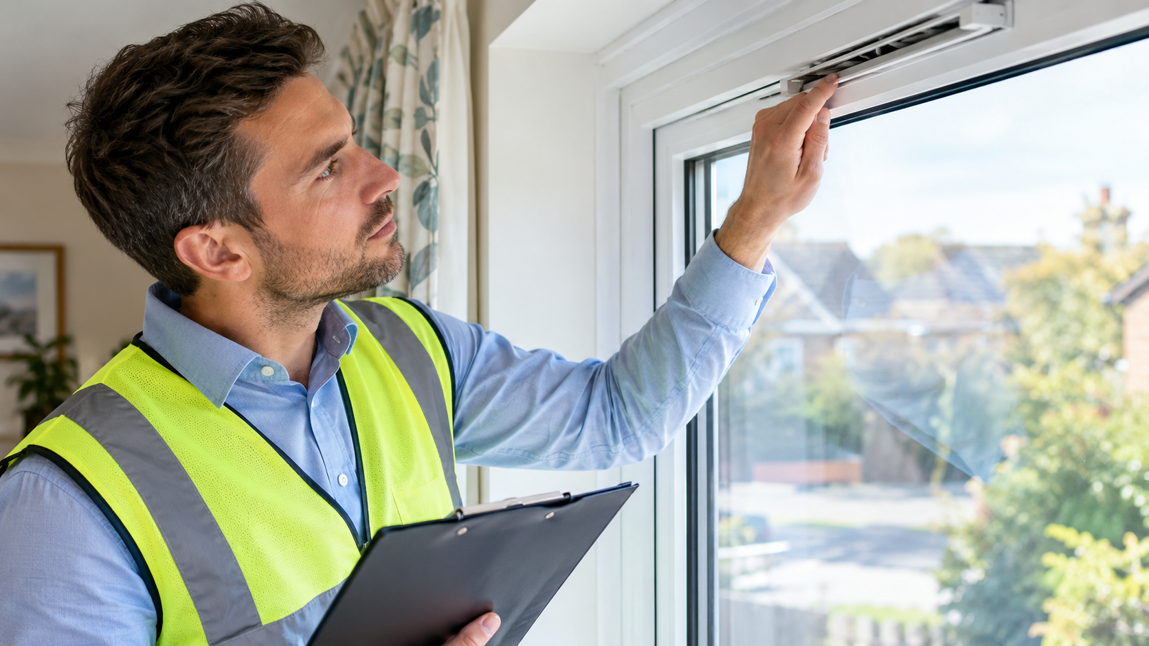 Surveyor inspecting a replacement double-glazed window during a building survey