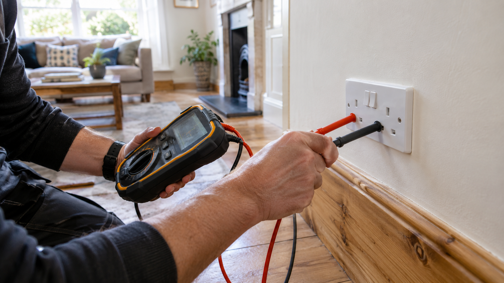 Electrician testing a socket outlet with a multifunction tester during an EICR in a UK home