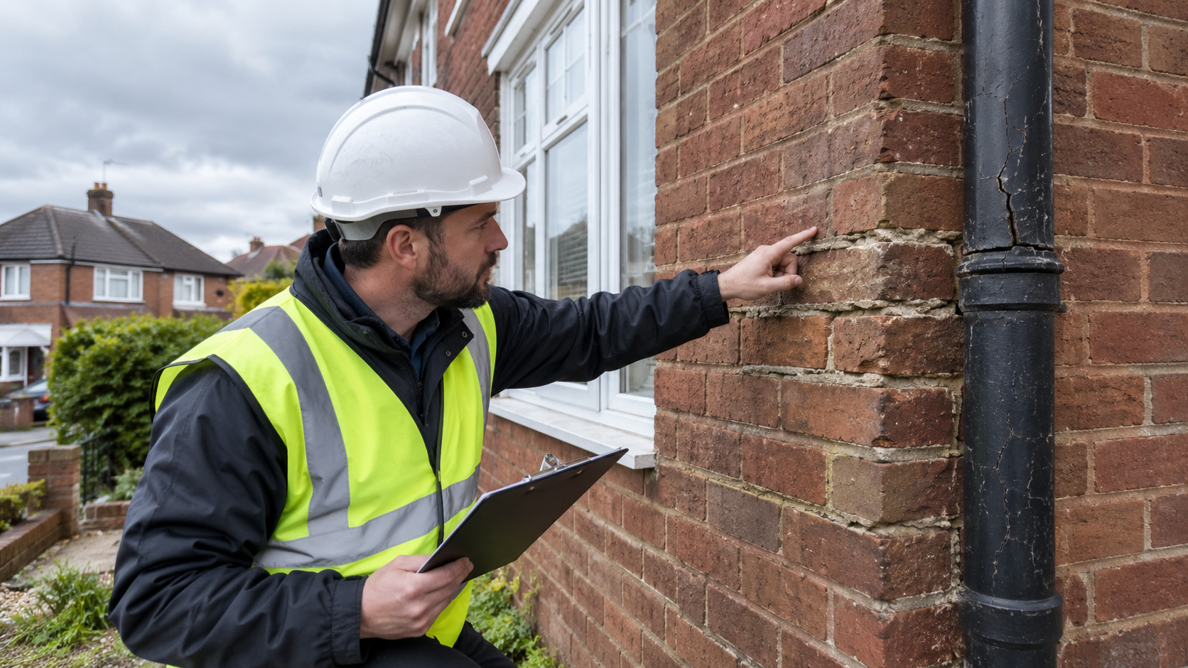 Building surveyor inspecting eroded mortar joints and a cracked downpipe for penetrating damp