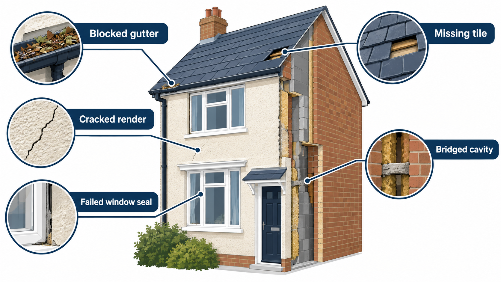 Infographic showing common entry points for penetrating damp on a UK house: blocked gutter, cracked render, failed window seal, missing tile and bridged cavity