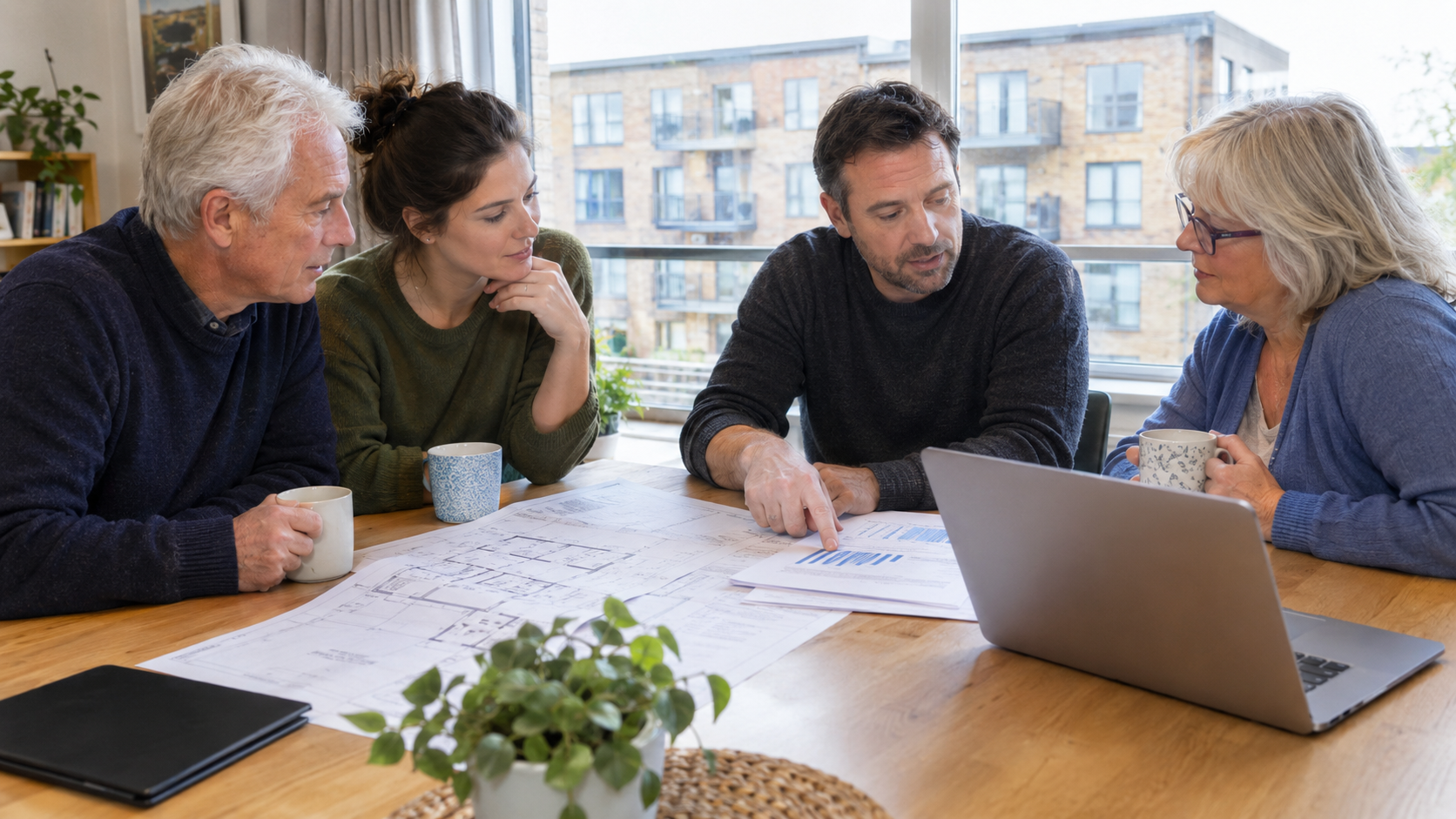 How a commonhold association manages its building Flat owners reviewing a building budget together, as members of a commonhold association would