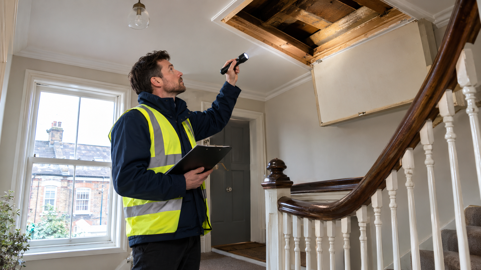Building survey of common parts before commonhold conversion Surveyor inspecting the shared stairwell and loft hatch of a converted house divided into flats