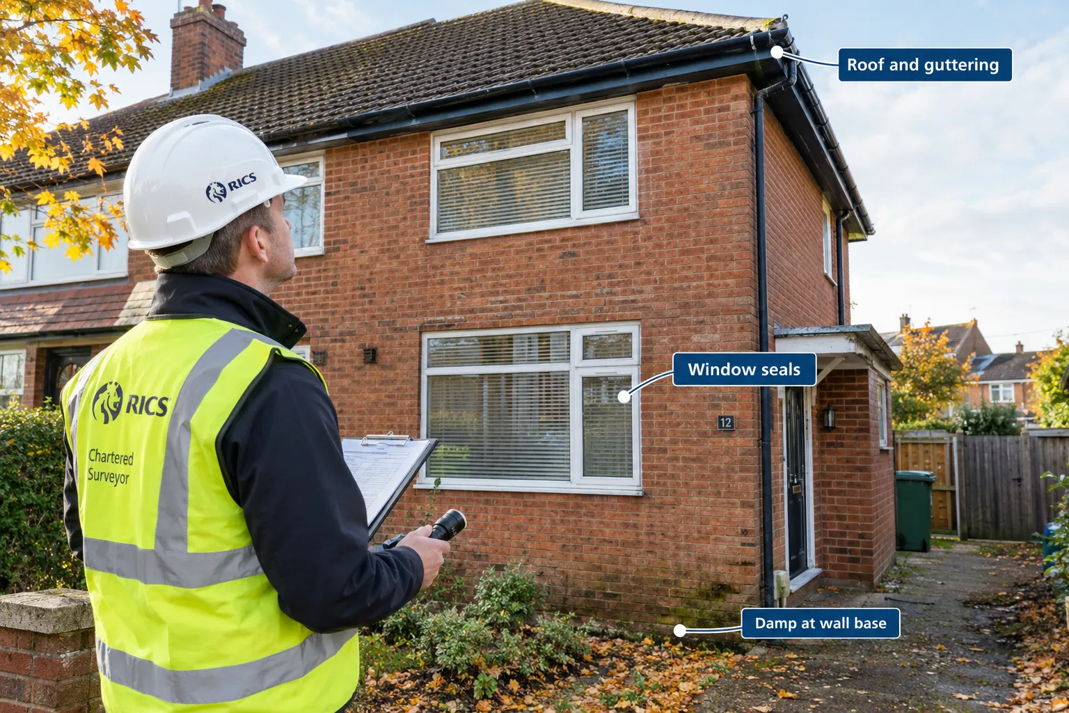 Surveyor inspecting a roof and gutters before a sale
