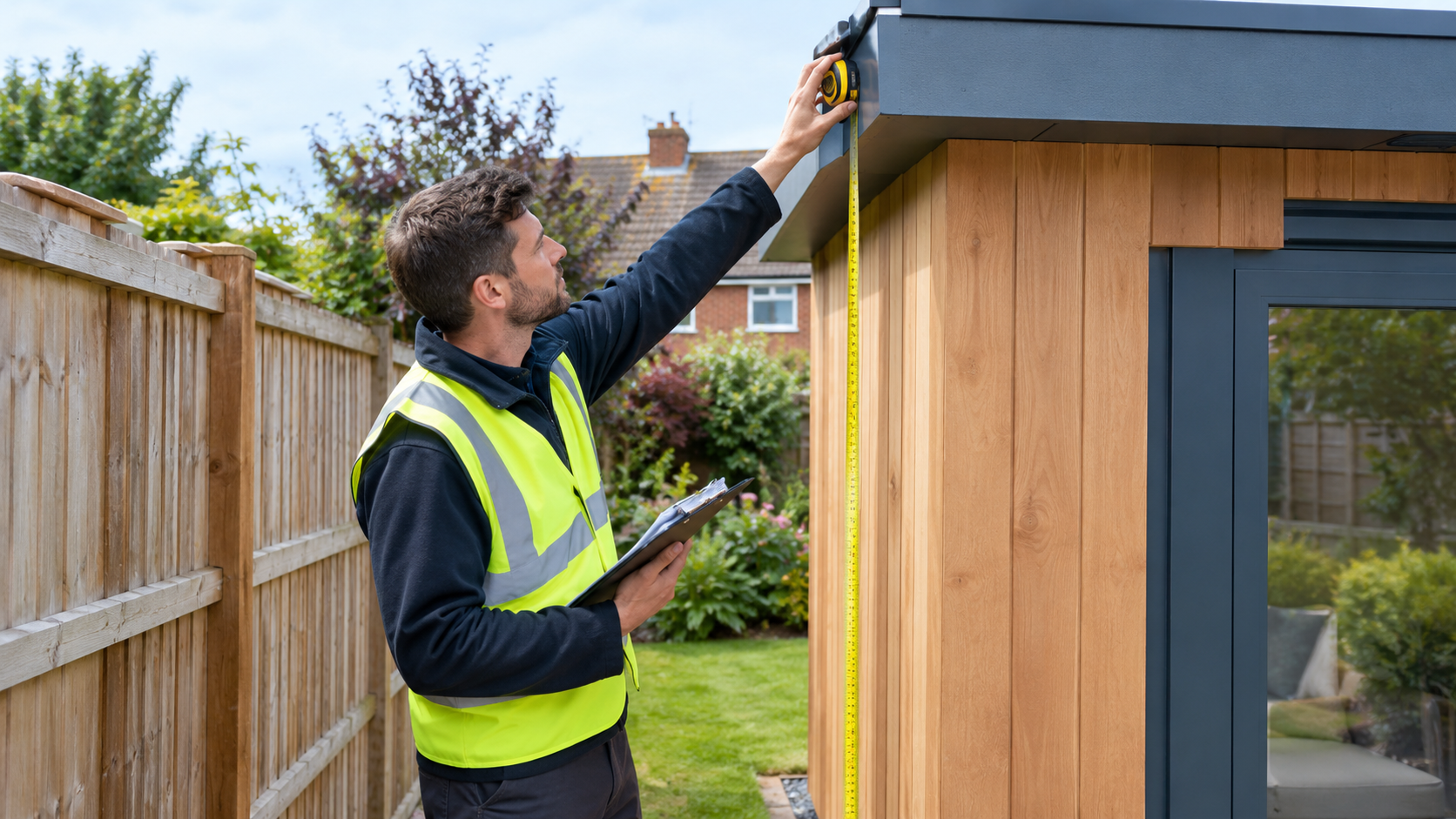 Surveyor checking garden room eaves height beside a wooden boundary fence to confirm permitted development compliance