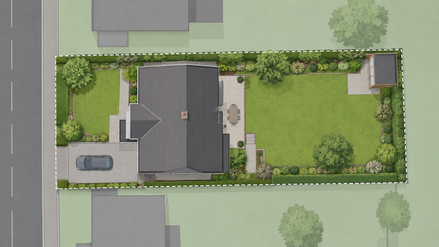 Overhead site plan showing a garden room positioned at the rear of a UK garden within the 50 percent curtilage rule