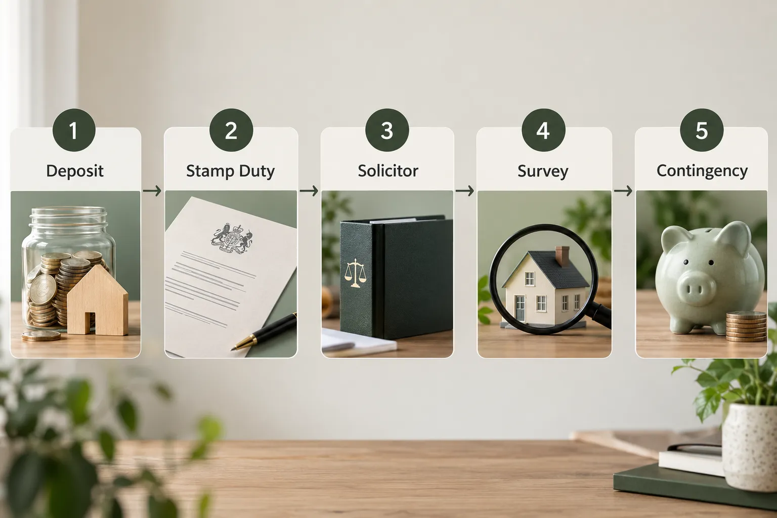 Step-by-step home purchase budget checklist showing deposit, stamp duty, legal fees, survey and contingency