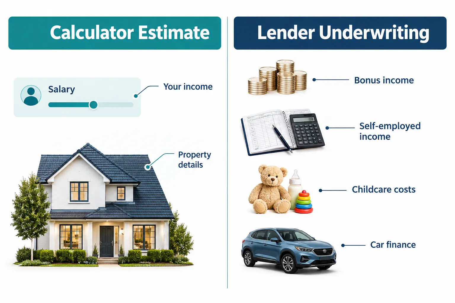 Diagram comparing a simple calculator estimate with full lender underwriting of bonuses, self-employed income, childcare and car finance