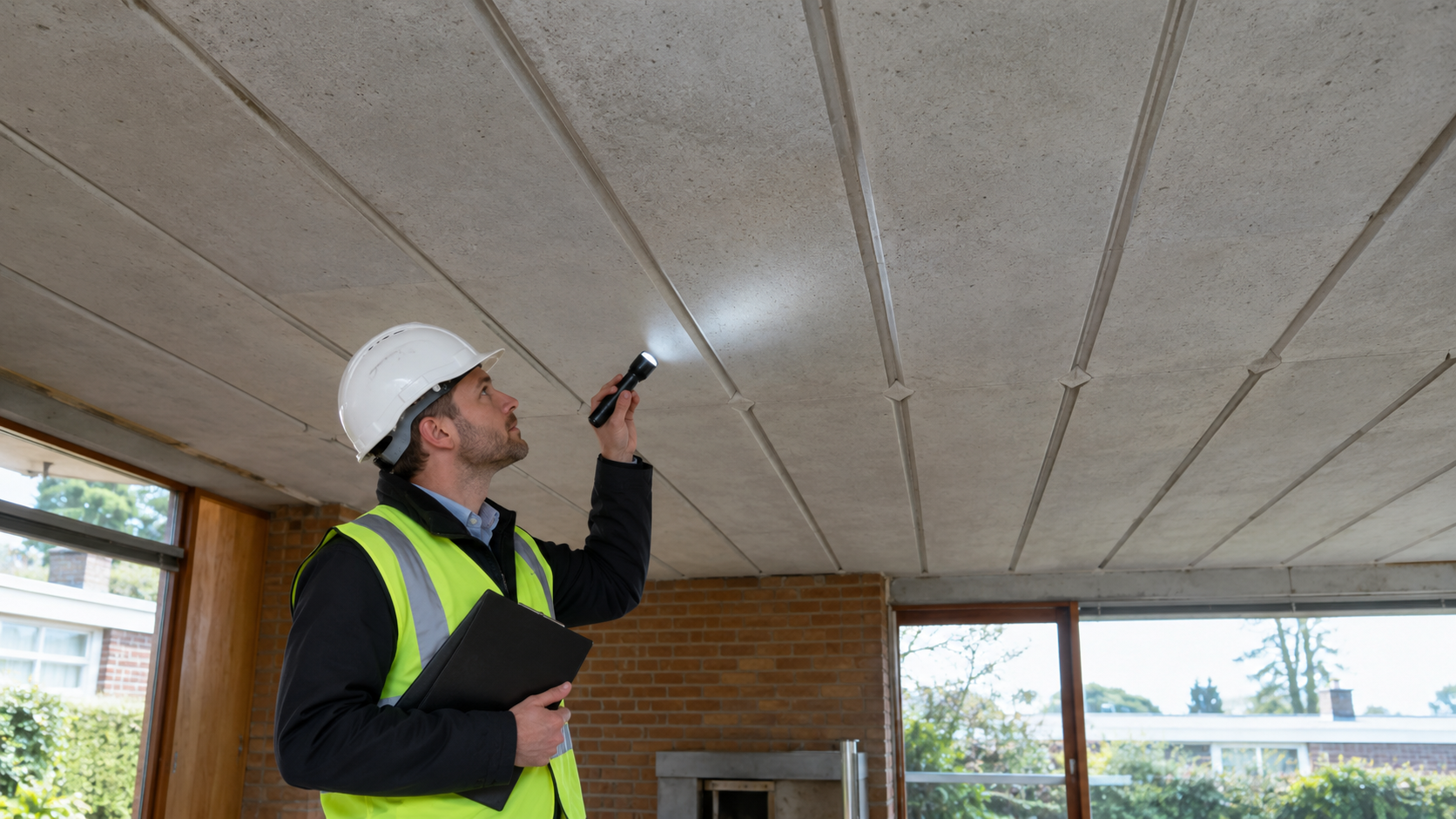 Surveyor inspecting a RAAC concrete plank ceiling in a flat-roofed house during a RAAC survey