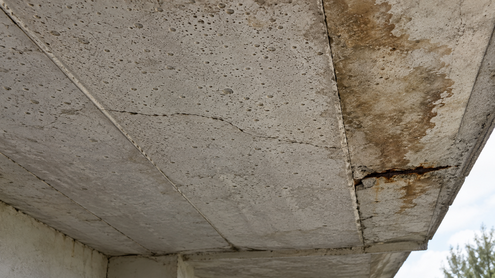 Close-up of deteriorating RAAC concrete planks showing cracking, water staining and exposed reinforcement